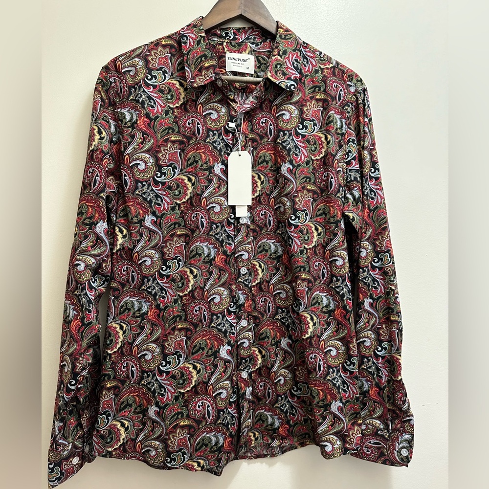 TUNEVUSE Men's Dress Shirt Casual Paisley Printed Shirt Size M
